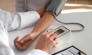 Lekarz mierzy ciśnienie pacjentowi z arytmią. Ważne jest monitorowanie, jakie ciśnienie przy arytmii jest bezpieczne.