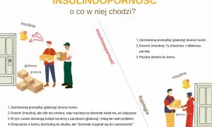 Ilustracja pokazuje, jak przy insulinooporności objawy są jak kurierzy z glukozą, którzy nie mogą się dostać do domu, bo insulina nie otwiera drzwi.