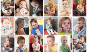 Dzieci wdychają leki przez nebulizator. Wśród nich są Pulmicort i Berodual, pomagające w leczeniu astmy i innych schorzeń układu oddechowego.