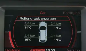 Wyświetlacz pokazuje, jak odczytywać ciśnienie w oponach: 2,4 bar i 14°C dla każdego koła.