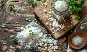 Góra soli na drewnianym blacie, słoik i łyżka. Jak usunąć nadmiar sodu? Pij wodę i jedz owoce.