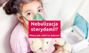 Dziewczynka z maską nebulizatora na twarzy, przytulająca misia. Czy wiesz jak oddychać podczas inhalacji nebulizatorem?