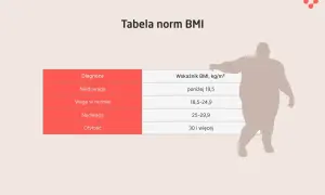 Tabela norm BMI pokazuje, że prawidłowa masa mięśniowa mieści się w zakresie 18,5-24,9. Obok sylwetka osoby z otyłością.