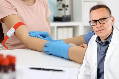 Lekarz w białym kitlu przygotowuje się do pobrania krwi, by zbadać poziom cholesterolu i homocysteiny.
