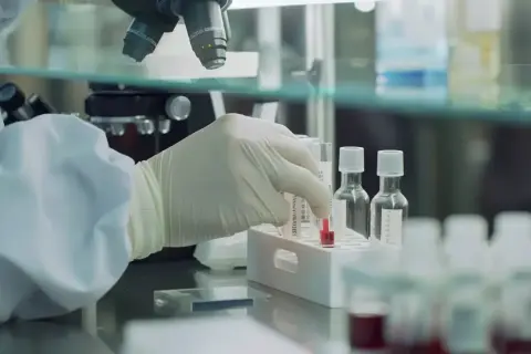 Badacz w rękawiczkach pobiera próbkę krwi do analizy, szukając odpowiedzi na pytanie, dlaczego cukier nie spada po insulinie.