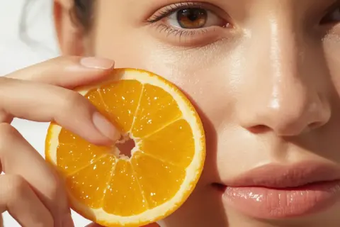 Skóra rozświetlona dzięki witaminie C na co pomaga? Pomarańcza symbolizuje blask i zdrowie.