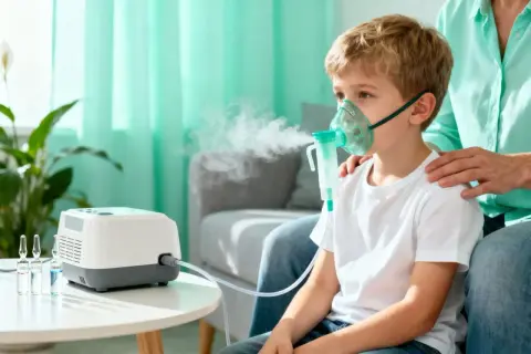 Chłopiec z maską nebulizatora. Ważne jest, by wiedzieć, jak długo berodual jest ważny po otwarciu, by zapewnić skuteczne leczenie.