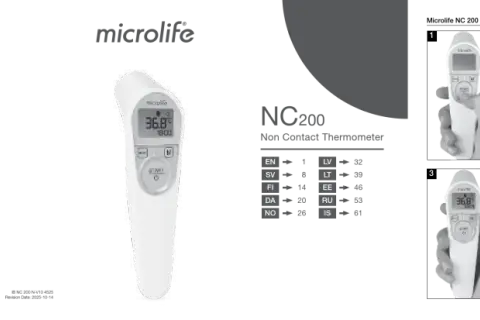 Biały termometr bezdotykowy Microlife NC200 z wyświetlaczem pokazującym 36.8°C.