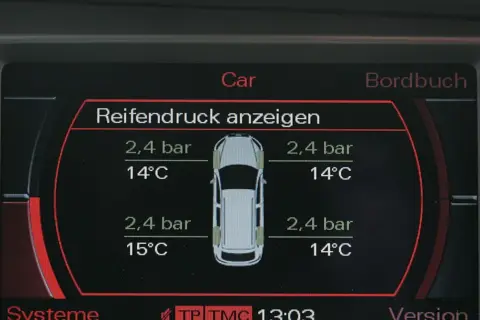 Wyświetlacz pokazuje, jak odczytywać ciśnienie w oponach: 2,4 bar i 14°C dla każdego koła.