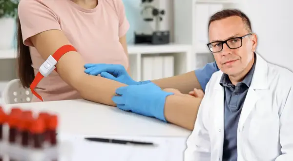 Lekarz w białym kitlu przygotowuje się do pobrania krwi, by zbadać poziom cholesterolu i homocysteiny.