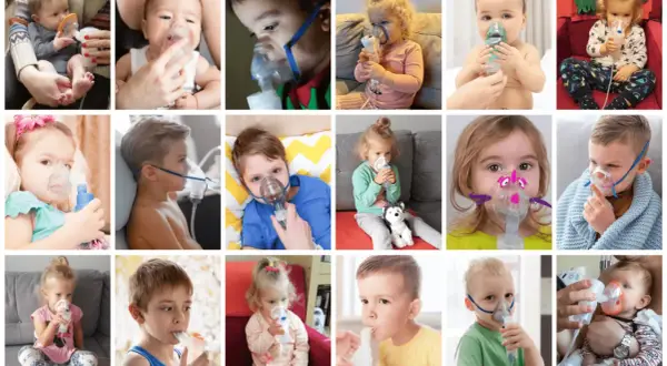 Dzieci wdychają leki przez nebulizator. Wśród nich są Pulmicort i Berodual, pomagające w leczeniu astmy i innych schorzeń układu oddechowego.