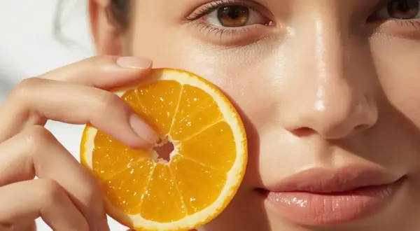 Skóra rozświetlona dzięki witaminie C na co pomaga? Pomarańcza symbolizuje blask i zdrowie.