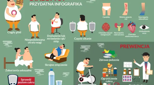 Infografika o cukrzycy: objawy (ciągły głód, utrata wagi, drętwienie, zmęczenie, pragnienie), powikłania (candida, problemy z gojeniem, neuropatia, uszkodzenie oczu, serca, mózgu) i prewencja (zdrowe jedzenie, sport, ograniczenie cukru i używek, kontro...