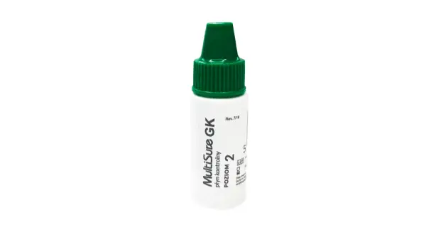 Płyn kontrolny do glukometru MultiSure GK, poziom 2, w małej buteleczce z zieloną zakrętką.
