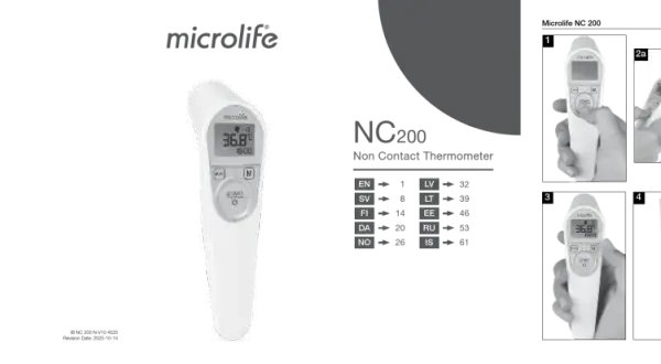 Biały termometr bezdotykowy Microlife NC200 z wyświetlaczem pokazującym 36.8°C.