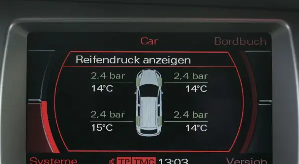 Wyświetlacz pokazuje, jak odczytywać ciśnienie w oponach: 2,4 bar i 14°C dla każdego koła.