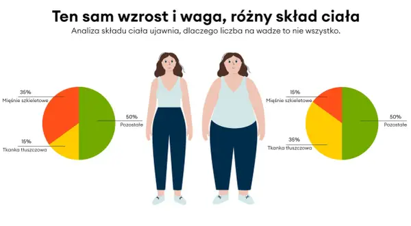 Analiza składu ciała dwóch kobiet o tym samym wzroście i wadze: jedna ma więcej mięśni, druga więcej tkanki tłuszczowej.