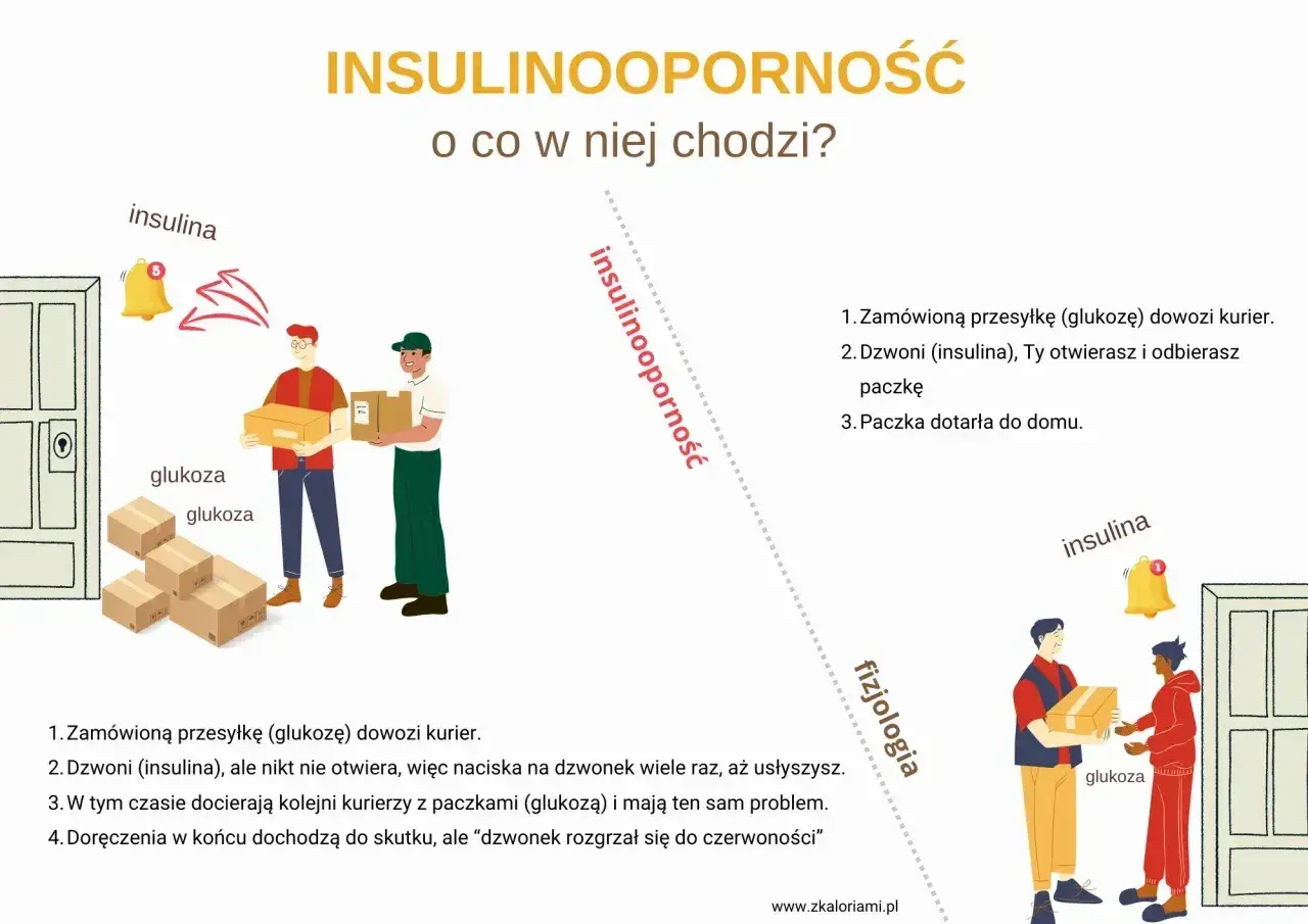 Ilustracja pokazuje, jak przy insulinooporności objawy są jak kurierzy z glukozą, którzy nie mogą się dostać do domu, bo insulina nie otwiera drzwi.