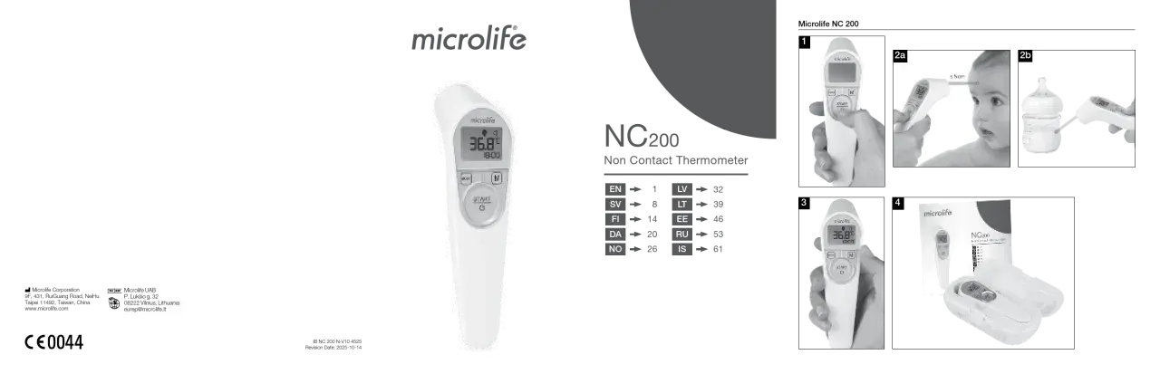 Biały termometr bezdotykowy Microlife NC200 z wyświetlaczem pokazującym 36.8°C.