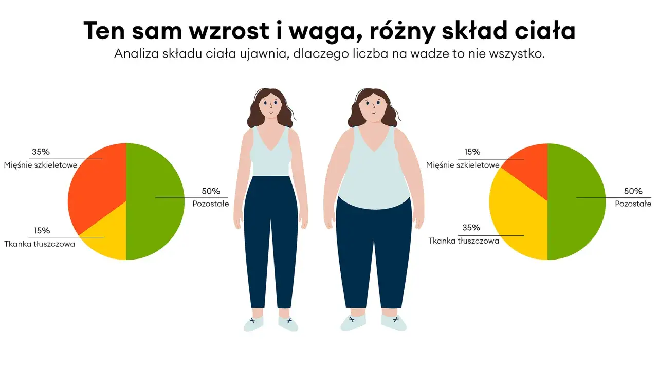 Analiza składu ciała dwóch kobiet o tym samym wzroście i wadze: jedna ma więcej mięśni, druga więcej tkanki tłuszczowej.
