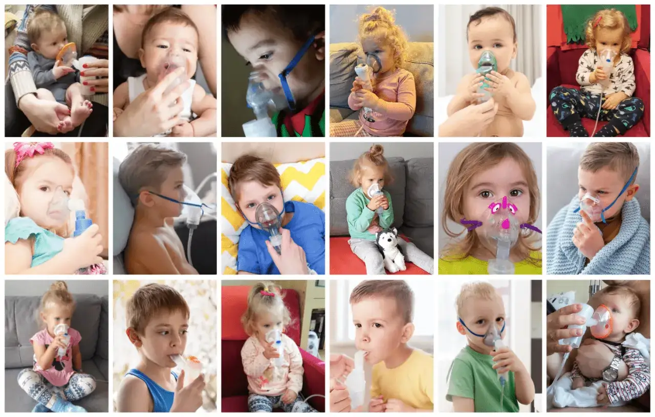 Dzieci z maskami inhalacyjnymi, niekt&oacute;re z nich używają lek&oacute;w takich jak pulmicort i berodual.