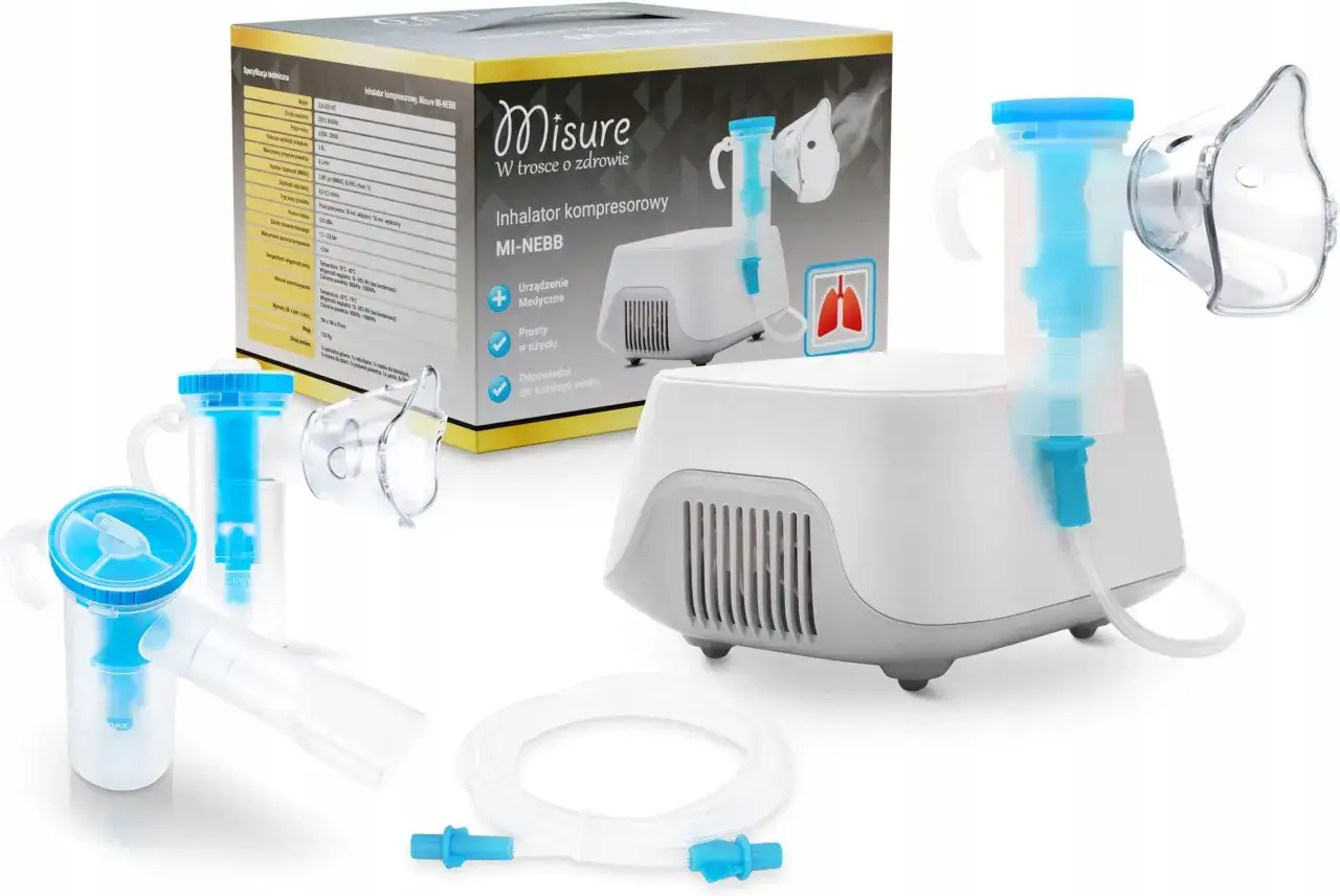 Kompresorowy inhalator Misuro MI-NEBB z maską i ustnikiem, idealny do inhalacji, niezależnie od tego, czy oddychasz nosem czy ustami.