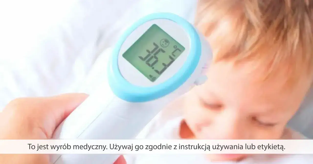 Dziecko śpi, a ręka mierzy mu temperaturę termometrem elektrycznym. Wynik 36.3&deg;C.