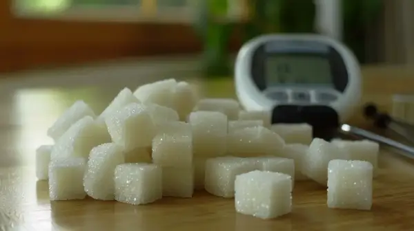 Grupka kostek cukru i glukometr sugerują potencjalne spadki cukru, przyczyny i kontrolę.