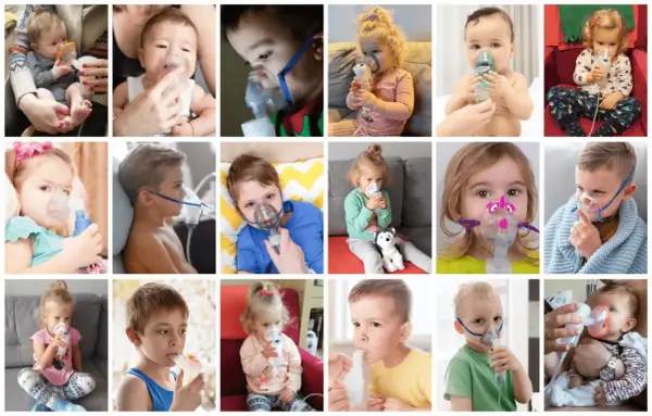 Dzieci wdychają leki przez nebulizator. Wśród nich są Pulmicort i Berodual, pomagające w leczeniu astmy i innych schorzeń układu oddechowego.