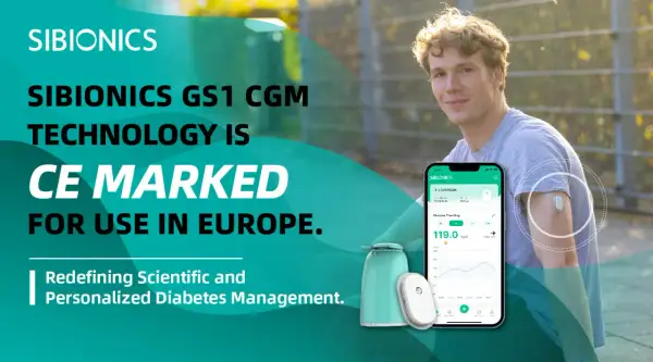 Młody mężczyzna z czujnikiem SIBIONICS GS1 na ramieniu, prezentujący technologię CGM. Aplikacja na telefonie pokazuje dane o glukozie.
