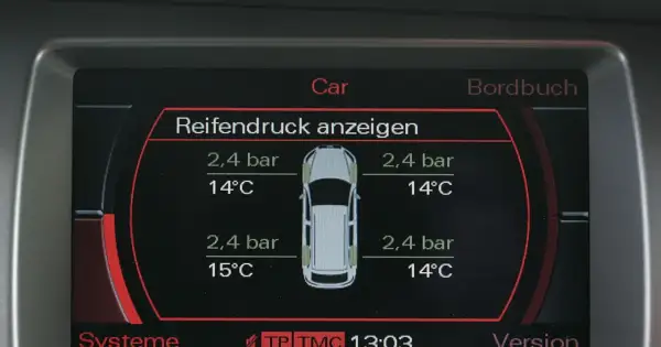 Wyświetlacz pokazuje, jak odczytywać ciśnienie w oponach: 2,4 bar i 14°C dla każdego koła.